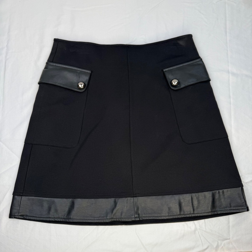 VtgCato Black Ponte Knit A-Line Mini Skirt Faux Leather Trim Pockets Size 8